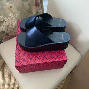 Vintage Tory Burch- New -Scallop Wedge Flip Flop- Satin- Size 10 in Navy Blue.